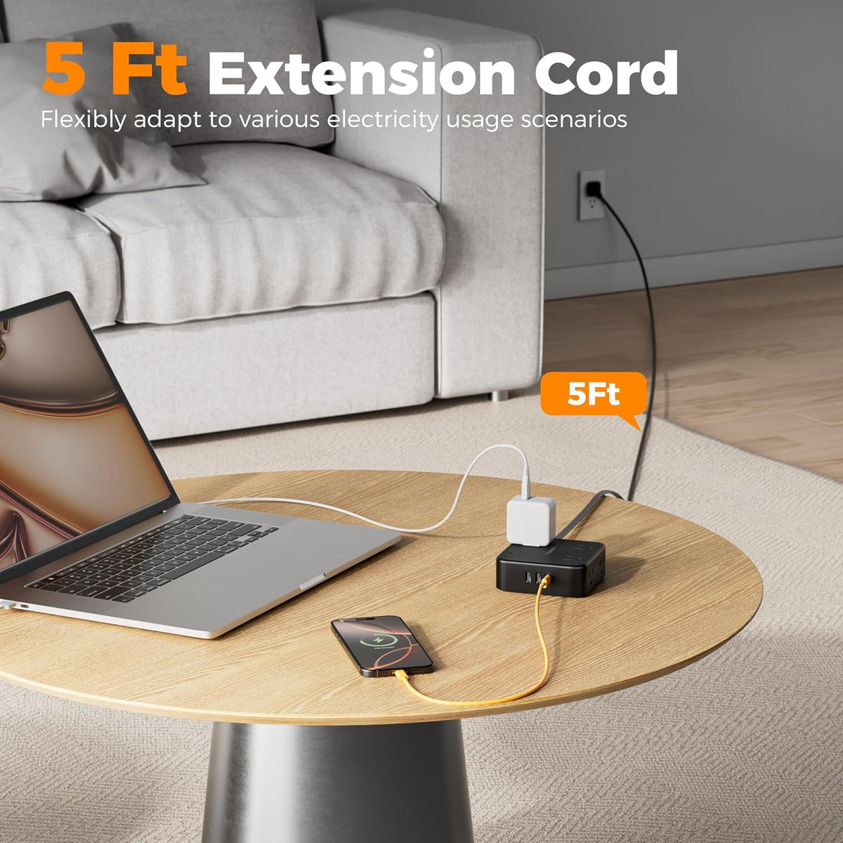 Surge Protector Power Strip, 5 Ft Flat Plug Extension Cord with 3 USB (1 USB C) 8 Outlets, 1250W, 900J - photo 2