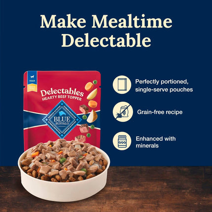Blue Buffalo Delectables Natural Wet Dog Food Toppers, Hearty Beef Cuts in Gravy, 3-oz (24 Pouches)