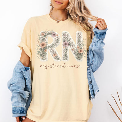 Floral RN Registered Nurse Comfort Colors T-Shirt Cute Botanical Nurse Shirt Healthcare Worker Gift