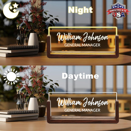Ship Next Day Custom Name Plate for Desk, Personalized Acrylic Desk Name Plate with LED Walnut Frame, Office Desk Accessories, Appreciation Gifts for Boss Employee Coworker Teacher Women Men (Classic)
