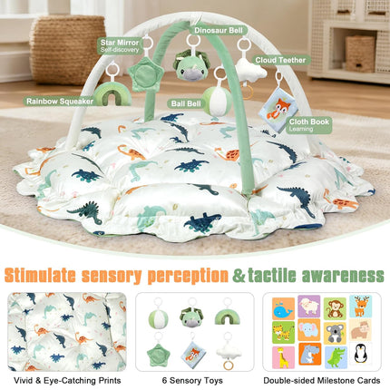 5-in-1 Baby Gym Play Mat with Cartoon Pattern, Extra Thick Plush Tummy Time Activity Gym with Hanging Toys, Sensory Development & Motor Skills Training Floor Mat, Dinosaur