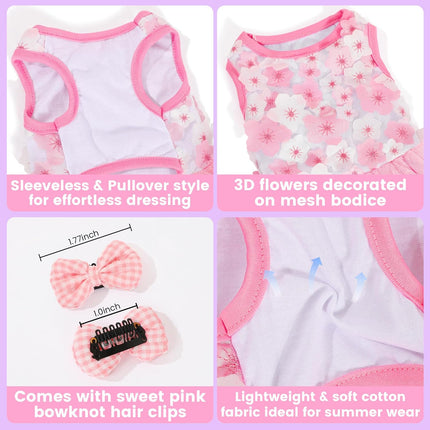 Dog Dress, Fashion Puppy Tutu Princess Dresses for Small Dogs Girl, Sweet Skirt with Dog Bowknot Clips, Spring Dog Cat Clothes Pet Apparel (Pink Floral Dress, XXX-Small)