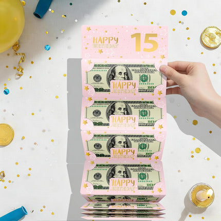 Pink 15th Birthday Money Envelope for Cash Gift Holder with Greeting Card for Girl Women Surprise Gift Idea with Clear Plastic Bag