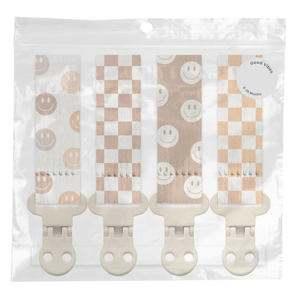 Stadela Baby Pacifier Clip Holder - Girl or Boy Unisex 4 Pack Gift Set - Retro Checker and Smiley Faces Design