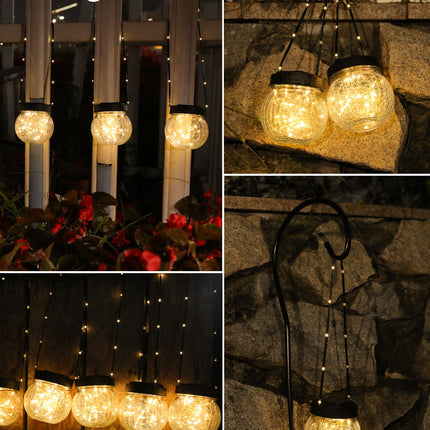 Solar Lanterns Solar Lights Outdoor Waterproof 6-Pack, Solar Powered Hanging Lights Cracked Glass Hanging Globes for Christmas Decoration, Shepherd Hook, Garden Tree Ornaments