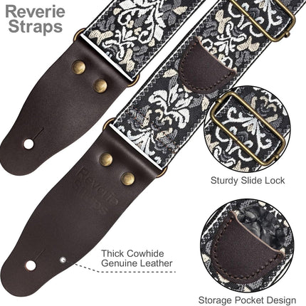Jacquard Embroidered Guitar Strap, Genuine Cowhide Leather Ends, Adjustable for Bass Electric Acoustic
