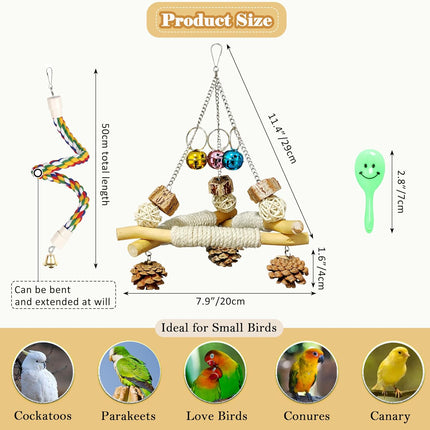 3 in 1 Bird Swing and Climbing Rope Set Triangle Wooden Perch with Bells and Natural Chew Toys Flexible Cotton Rope Ladder and Maraca Toy for Cockatiels Conures and Budgies