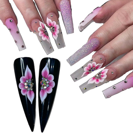 Set 8Pcs 3D Black Flowers Nails Charms With Rhinestone Gems Handmade by Acrylic Powder Design For Long Nail L,XL,XXL Flower Nail Art Floral Salon Decor Women Girls (Black -8Pcs)