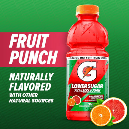 Gatorade Lower Sugar Electrolyte Sports Drink, Fruit Punch, 12 fl oz Bottles, (12 Pack), 75% Less Sugar, No Artificial Flavors, No Artificial Sweeteners, No Artificial Colors, Hydration