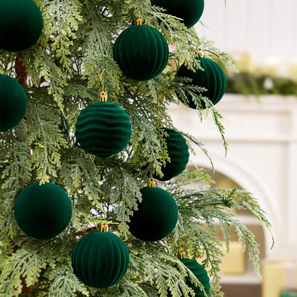 Christmas Balls, 16 Dark Green Flocked Ornaments for Tree Decor