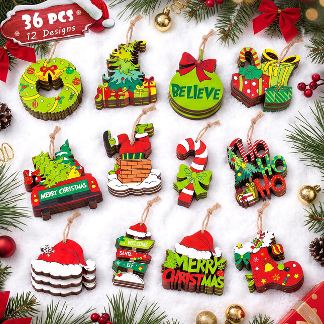 36 Pcs Christmas Ornaments for Tree, Hanging Wooden Christmas Decorations