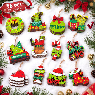 36 Pcs Christmas Ornaments for Tree, Hanging Wooden Christmas Decorations