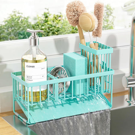 Sink Caddy Sponge Holder for Kitchen with Brush Holder and Stainless Steel Self Drain Tray, Rustproof Kitchen Sink Organizer for Sponge, Soap Dispenser Storage Accessories