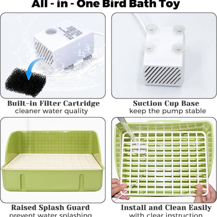 Automatic Parakeet Bird Bath with Pump, Large Bird Shower Fountain Indoor Bathtub with Running Water, Parrot Bath Tub Faucet for Pet Birds, African Grey, Cockatiel, Conure, Budgie, Lovebird