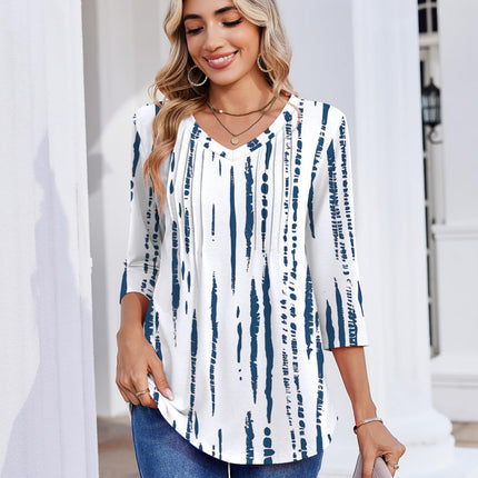 3/4 Length Sleeve Womens Tops V Neck Pleated Boho Floral Blouses