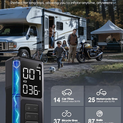 Tire Inflator Portable Air Compressor - 5200mAh 150PSI Quickly Inflate Portable Air Pump for Car Tires/Bike/Basketball with LED Large Dual Screen, Pressure Gauge & Auto Shut-Off