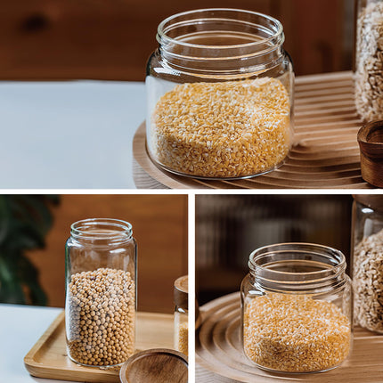 28 fl oz/850 ml Clear Glass Storage Canister with Airtight Wooden Screw Lid, Medium Cute Decorative Glass Container Jar for Coffee,Candy,Salt,Cookie,Condiment,Pepper,Sugar,Overnight Oatmeal