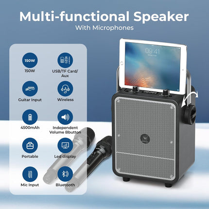 150W High-Power Karaoke Machine with 2 Wireless Microphones, Premium Voice Amplifier/PA System, Portable Bluetooth Speaker with Microphone for Party, Outdoor, Classroom, Singing, Guitar Amp