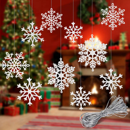 40Pcs White Glitter Snowflake Winter Snowflake Ornaments Christmas Hanging Decorations with 197 Inches Silver Rope for Wedding Birthday Home Xmas Tree Window Door Accessories