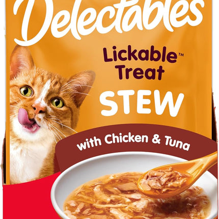 Delectables Lickable Treat Stew Wet Cat Treat with Real Chicken & Tuna, Food Topper, Hydrating, Grain-Free, No Fillers, No By-Products, No Added Preservatives, 1.4oz Pouch, 12ct