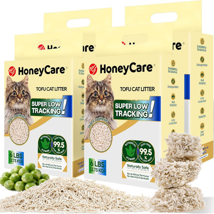 HoneyCare Tofu Cat Litter I 100% Plant-Based Pellets I Flushable & Sustainable I Low-Dust Quick Clumping Superior Odor Control, 24-lbs Value Pack (6 lbs x 4)