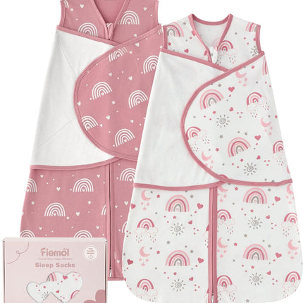 Baby Swaddle Sleep Sack 3-6 Months, Cotton Swaddles for Newborns Girls, 2-Way Zipper Transitional Infant Wearable Swaddling Blanket with Quiet Closure, 0.5 TOG 2 Pack Soft Pink Rainbow