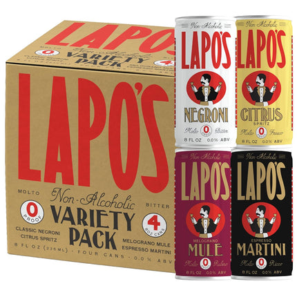 Lapo's Mocktail Variety Pack, Includes Espresso Martini, Pomegranate Mule, Spritz & Negroni, Non Alcoholic Drinks, Gluten Free, Alcohol Free Cocktails, Natural Ingredients, 8 FL OZ Cans, 4 Pack
