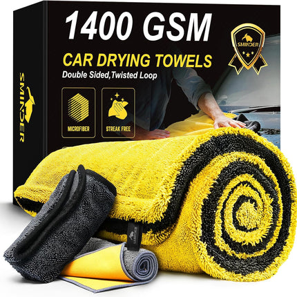 SMINDER 1400 GSM Car Drying Towels Car Detailing– XXL Microfiber Towels for Cars, Trucks (48" x 24"), Ultra-Absorbent, Streak-Free, Scratch-Free, No Water Spots, Double-Twist Pile & Edgeless Design