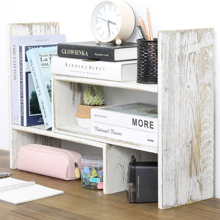 MyGift Adjustable Whitewashed Solid Wood Desktop Storage Organizer Display Shelf Book Rack, Office Desk Bookshelf