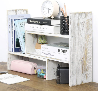 Adjustable Whitewashed Solid Wood Desktop Organizer Shelf and Book Rack