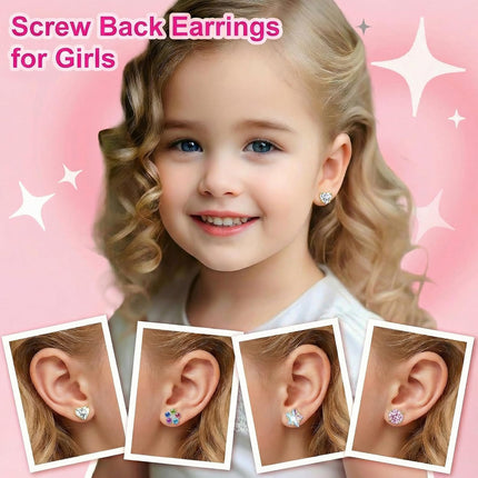 4Pairs Hypoallergenic Earrings for Women 316L Surgical Steel Heart Flower Star CZ Screw Back Stud Earrings 20G Flat Back Cartilage Earrings Set for Sensitive Ears