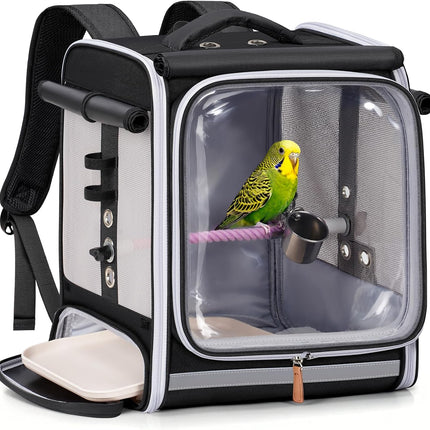 Mancro Bird Carrier Backpack for Small Birds, Cockatiel, Parrot, Bird Backpack with Tray and Standing Perch, Bird Travel Carrier Cage with Clear Window and Breathable Mesh Front for Vet Visits