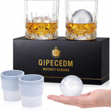 Old Fashioned Whiskey Glasses, Set of 4 (2 Crystal Bourbon Glasses, 2 Round Big Ice Ball Molds) In Gift Box - 11 Oz Rocks Glass, Barware for Scotch Cocktail Rum Vodka Liquor, Gifts for Men