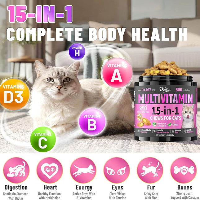 Taurine for Cats Vitamins Treats, 15 in 1 Cat Multivitamin Support Skin, Joint, Digestion & Immune - photo 2
