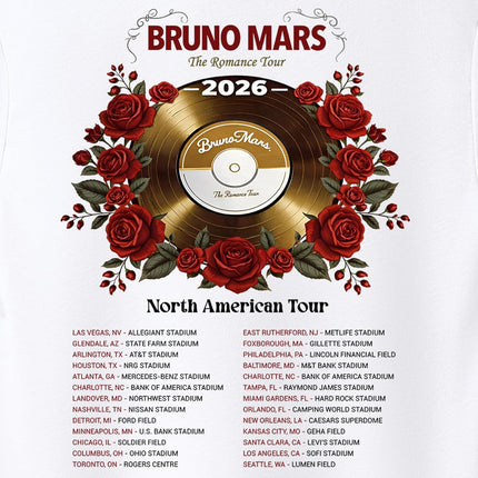 North America Romantic Tour 2026 Tshirt, RNB Fans Graphic Shirt, Bruno Fans Concert Outfit, Unisex Adult S – 2XL