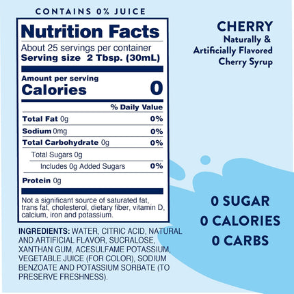 Jordan's Skinny Mixes Sugar Free Syrup, Cherry Flavor, Fruit Flavored Water Enhancer, Drink Mix for Iced Tea, Lemonade, Drinks, Low Calorie Water Flavoring, Dairy & Gluten Free, Kosher, 25.4 Fl Oz