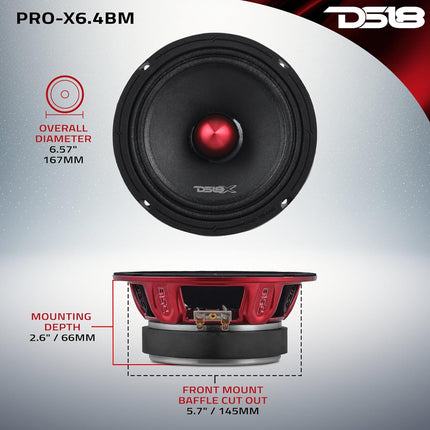 DS18 PRO-X6.4BM Loudspeaker - 6.5", Midrange, Red Aluminum Bullet, 500W Max, 250W RMS, 4 Ohms - Premium Quality Audio Door Speakers for Car or Truck Stereo Sound System (1 Speaker)
