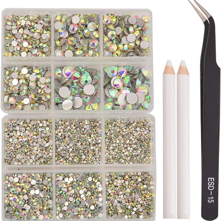 NCB 8000pcs Non Hotfix Rhinestones 10 Sizes Flatback Crystal Glass Rhinestones with Tweezers and Picking Pen for Nail Art Clothes Bags Phone Decorations Crafts DIY (001ab Crystal AB Mix SS3-SS30)