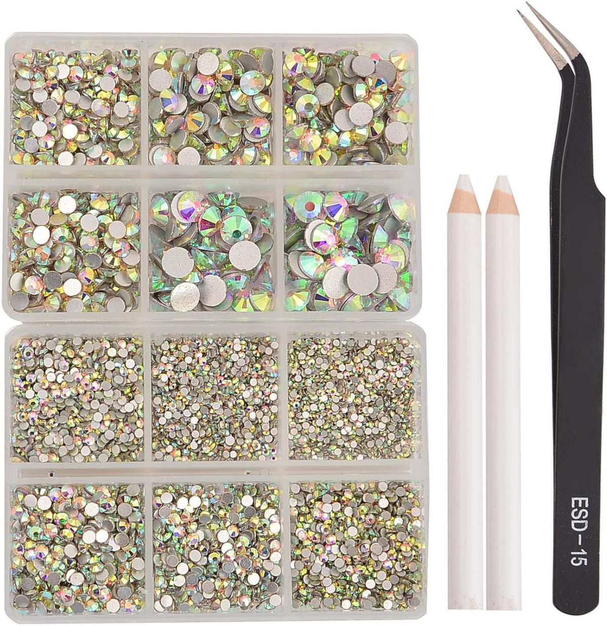 8000-Piece Crystal AB Mix Flatback Glass Rhinestones Set, SS3-SS30