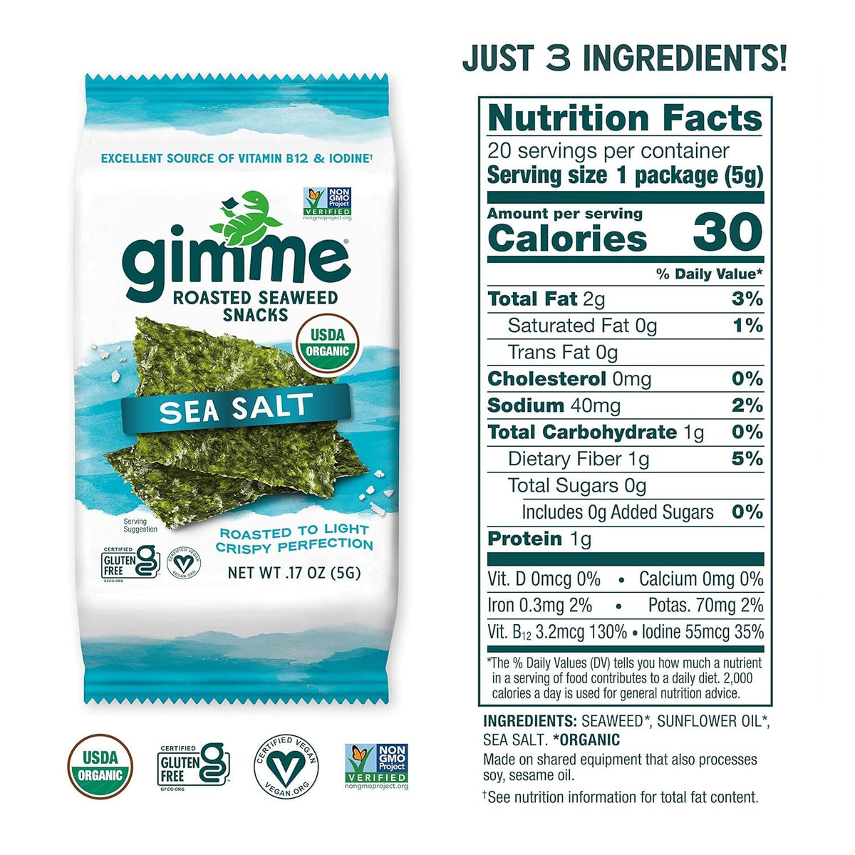 Seaweed Organic Premium Roasted Seaweed Snacks, Sea Salt, 20 Count, Keto, Vegan, Gluten-Free, Great - photo 2