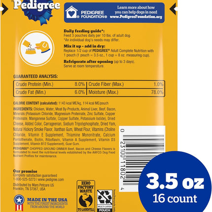 Pedigree Chopped Ground Dinner Wet Dog Food Pouches with Beef, Bacon, & Cheese Flavor, 3.5 oz Pouches, 16 Count