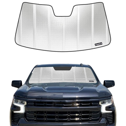 Windshield Sun Shade for Chevy Silverado & GMC Sierra 1500/2500/3500 2019-2026 (WT, Custom, Pro Trims) - Fits All Trims 2019-2021, Non-HUD Models Only, Premium Grey Leather Finish