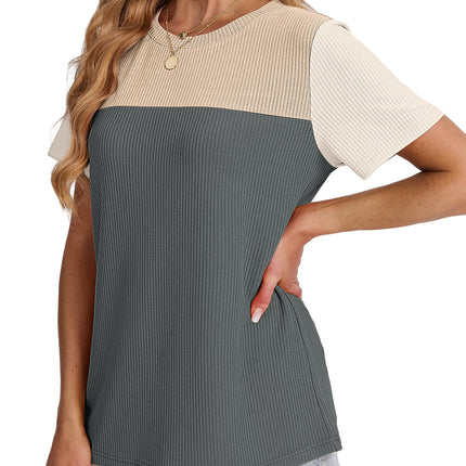 Womens Fashion 2026 Color Block Shirts Short Sleeve Knitted Summer Fall Tops Casual Trendy