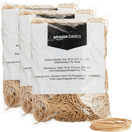 Amazon Basics Rubber Bands, Office Supplies, Size 19 (3-1/2 x 1/16 Inch), Stretchy, 1250 Bands/1 lb. Pack, 3-Pack, Tan