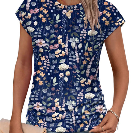 Womens Summer Tops Trendy 2026 Ruched Cap Short Sleeve Tshirts Shirts Crew Neck T Shirts Fashion