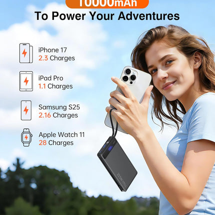 Power Bank with 2 Built-in Cables 10000mAh, 22.5W PD Slim Portable Charger USB C Battery Pack, Travel Essentials Fast Charging Powerbank Compatible with iPhone 17 16 15 14 Plus Pro Samsung iPad etc