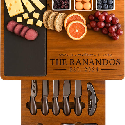 Personalized Acacia Wood Charcuterie Board Set with Stainless Steel Knives – Custom Cheese Board for Wedding, Anniversary, New Mom, Engagement, Housewarming, Bridal Shower, Women, Mother’s Day Gifts