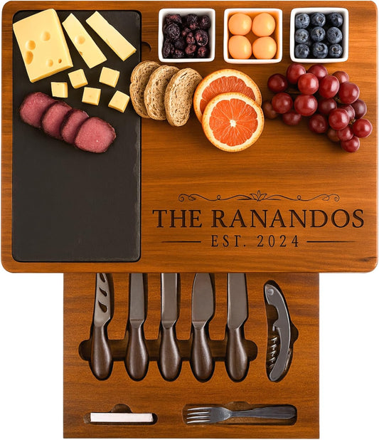 Personalized Acacia Wood Charcuterie Board Set with Stainless Steel Knives – Custom Cheese Board for Wedding