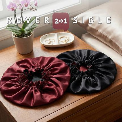 Nochka Fashion 100% Pure Silk Bonnet for Sleeping Women - Reversible Mulberry Silk Hair Wrap - Satin Sleep Bonnet for Black Women - Head Wrap for Sleeping - Made in USA (Burgundy and Black)