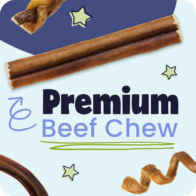 12 Inch Bully Sticks for Medium & Large Dogs (5 Pack) - All Natural Beef Pizzle, Long Lasting, Rawhide-Free, Low Odor, Single Ingredient Dog Chews & Dental Treats